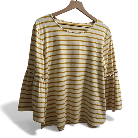 Van Heusen Tops - Van Heusen striped mustard butter color peplum sleeve top size XL